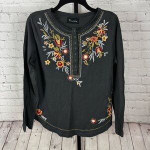 Frazzle Dark Gray Long Sleeves Embroidered Top Size Small